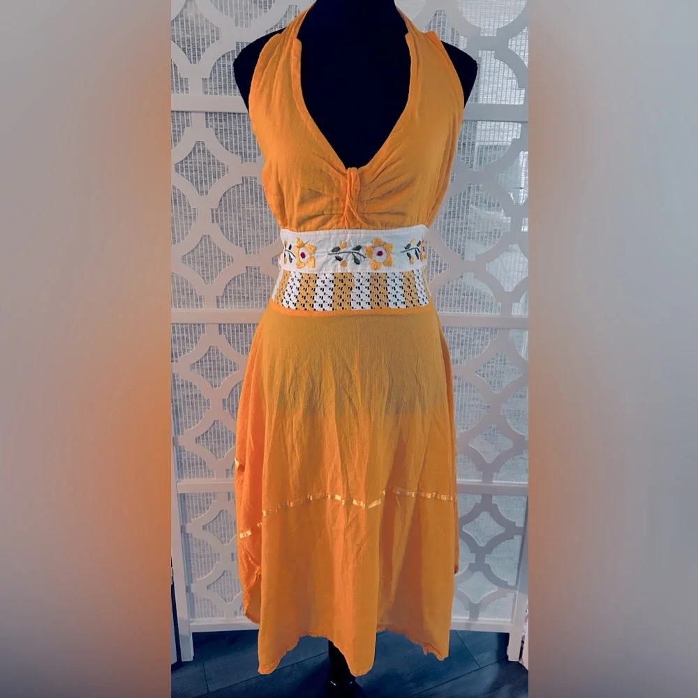 EMBROIDERED SMALL Orange Gold Halter Dress Floral Boho Cottage Core - Picture 2 of 14
